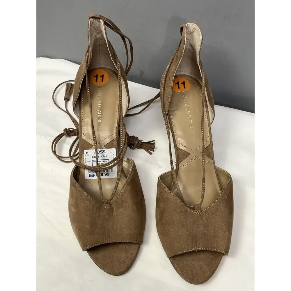 Adrienne Vittadini Ankle-Wrap Wedge Sandal-Marcey‎ Brown Suede Womens size 11